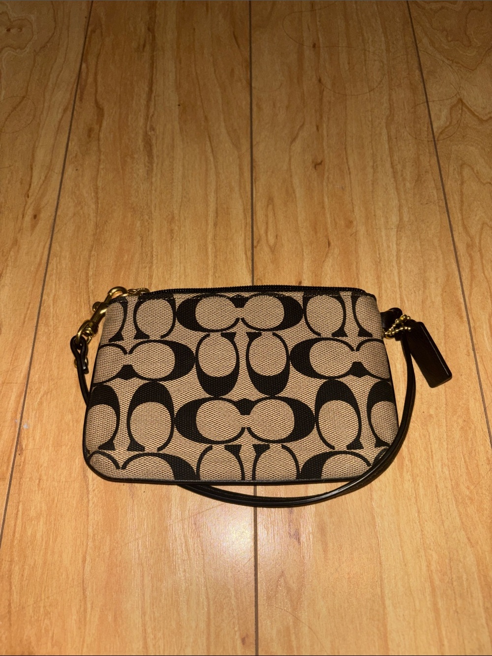 Coach Tan & Black Signature Canvas Wristlet with Gold Hardware - Picture 3 of 4